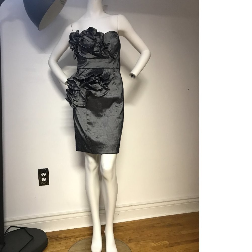 Le Chateau Gunmetal Grey Shiny Stretchy Flowy Ruffle bodycon dress Formal NWT